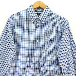 Ralph Lauren Performance Shirt Mens Large Blue Check Plaid Button Dress Stretch